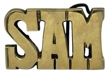 Vtg SAM Belt Buckle Brass Spell Out Taiwan NOS 1980s Open Pack Tarnish Scuffed