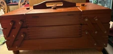 Vtg Dovetail Wooden Sewing Box  Accordion Expandable Organizer Romania 1987