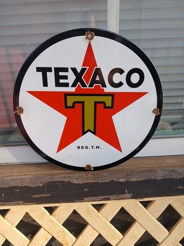 SMALL VINTAGE TEXACO GASOLINE 12" PORCELAIN METAL GAS OIL SERVICE STATION SIGN
