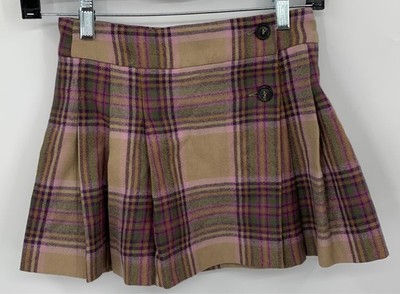 Bonpoint Girls Brown Purple Plaid Cotton Pleated Wrap Skirt sz 8y