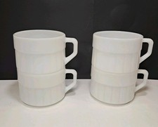 Vintage Federal Milk Glass Ribbed Stackable Coffee Mugs Set Of 4 Heat Proof USA