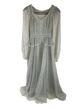 Gunne Sax Jessica McClintock Dress Vintage 1970s Blue Floral Lace Prairie Maxi