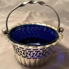 Vintage Silver Basket with Cobalt Blue Glass Insert Stamped EPNS England 4”x4