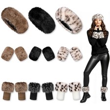 9 Pcs 3 Color Faux Fur Headband Set with Furry Leg Warmers Winter Brown Leopard