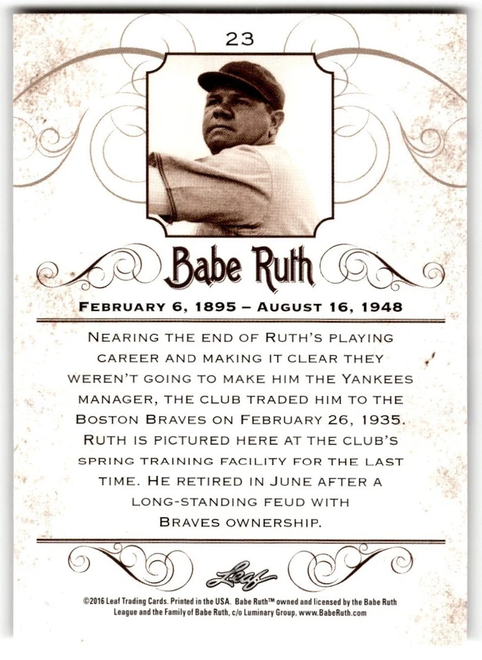 Babe Ruth 2016 Leaf Babe Ruth Collection #23 Boston Braves - Image 2 of 2