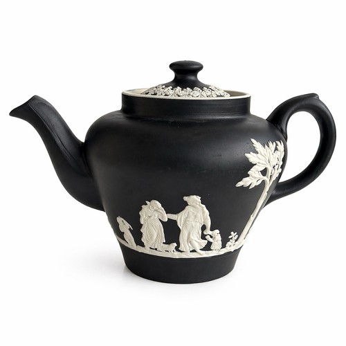 RARE Antique Dudson Bros Hanley Black Basalt Teapot White Relief Scene England