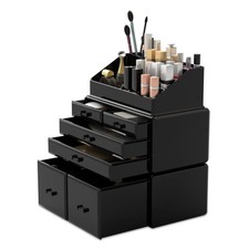 Makeup Organizer 3 Pieces Cosmetic Storage Case with 6 Drawers Black