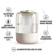 Humidificateur d'Air Silencieux 2,5L USB Bébé Maison Double Buse Veilleuse