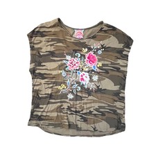 Johnny Was Womens ASSA Cap Sleeve Embroidered Flower Camo Tee XL Large Boxy Tee