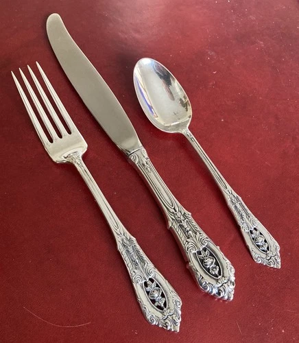 Vintage Wallace Rose Point .925 Sterling Silver Fork Spoon & Knife Set NeverUsed