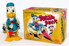 DISNEY 1950s DONALD DUCK WHIRLING TAIL "UMBRELLA VERS." LINEMAR WIND-UP TOY+BOX
