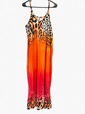 Womens Plus Size 1XL Leopard Print Orange Red Ombre Maxi Dress Strappy NWOT