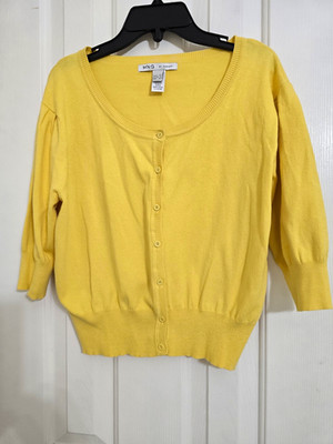 MNG by Mango Yellow Knit Button-Front Cardigan Sweater Scoop Neck 3/4 XL