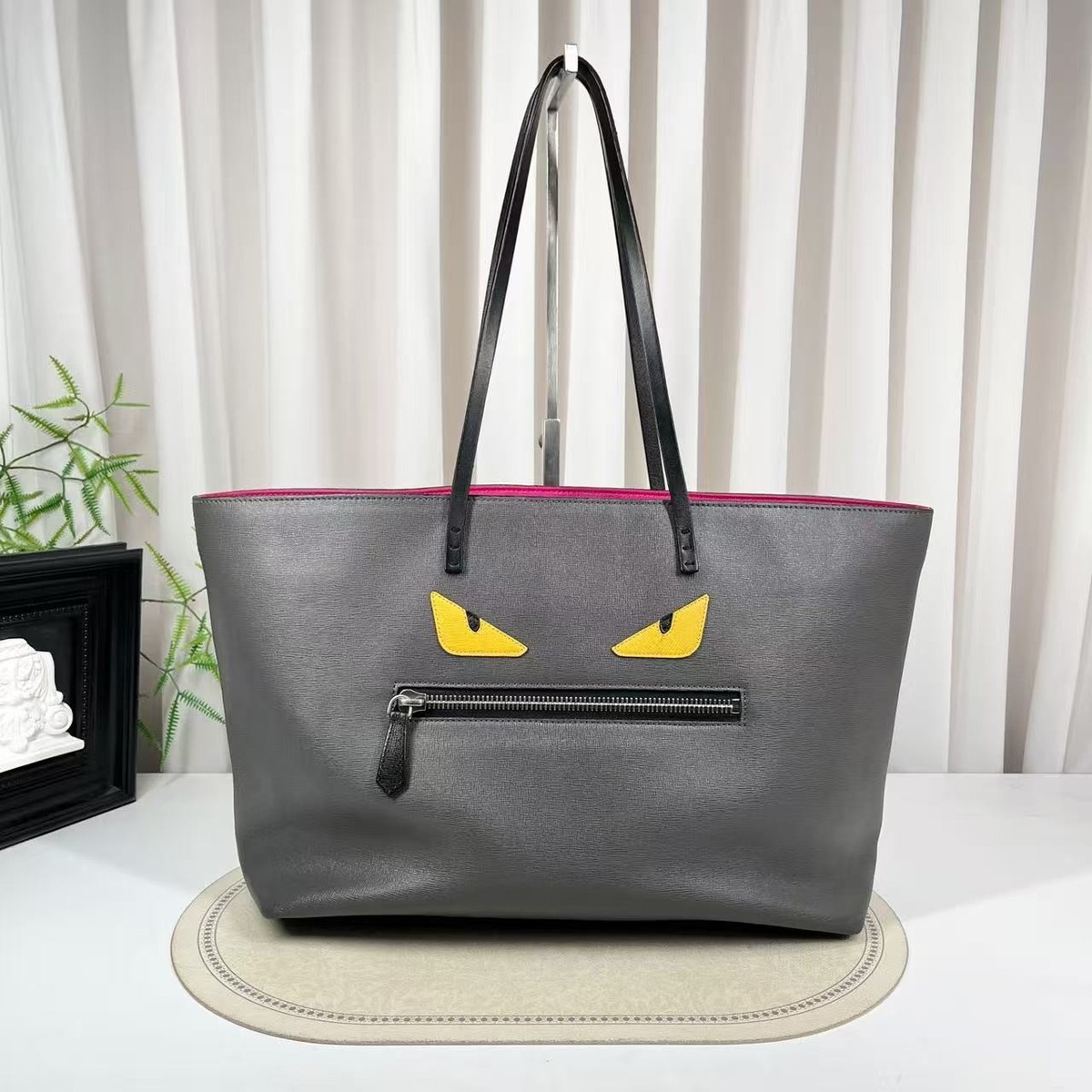 Fendi Bag Bugs Monster Eyes Tote Bag Grey Saffiano Leather Silver