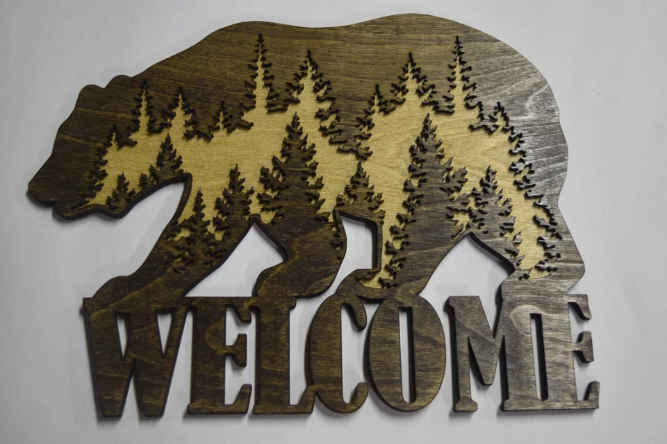 Rustic Bear with Wilderness Welcome Sign Laser Cut Dark Walnut and Golden Oak - Image 3 of 4