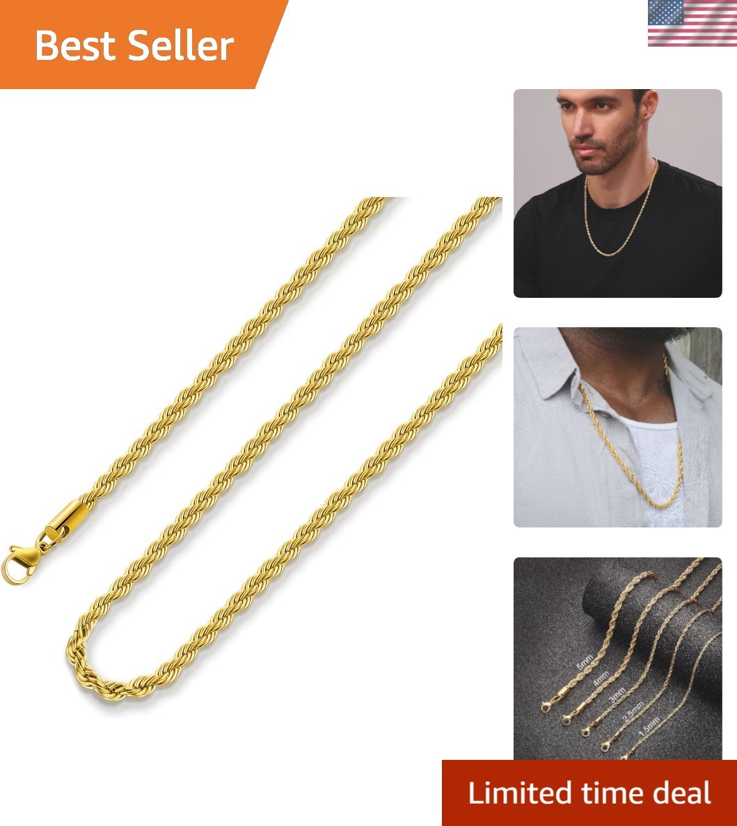 Collar de cadena de cuerda enchapado en oro de 24k duradero de 2,5 mm - Uso moderno y cómodo