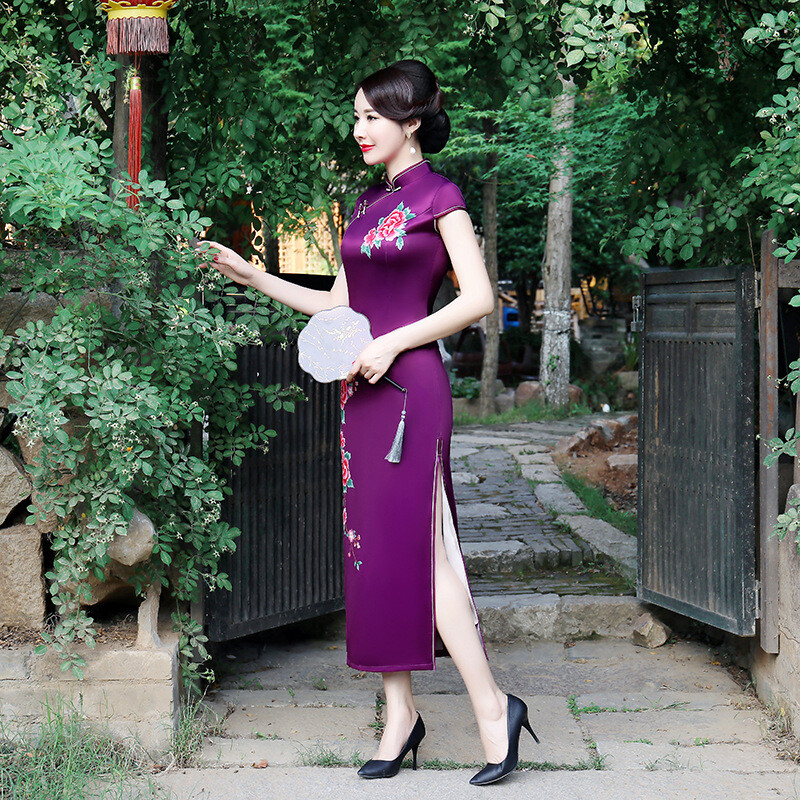 purple oriental dress Purple floral Long Chinese dress oriental qipao dresses cheongsam Improved stage performance cheongsam dress fashion slim model show dresses