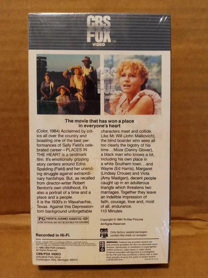Places In the Heart VHS CBS FOX Sally Field Danny Glover NEW Sealed Watermark - Image 2 of 4