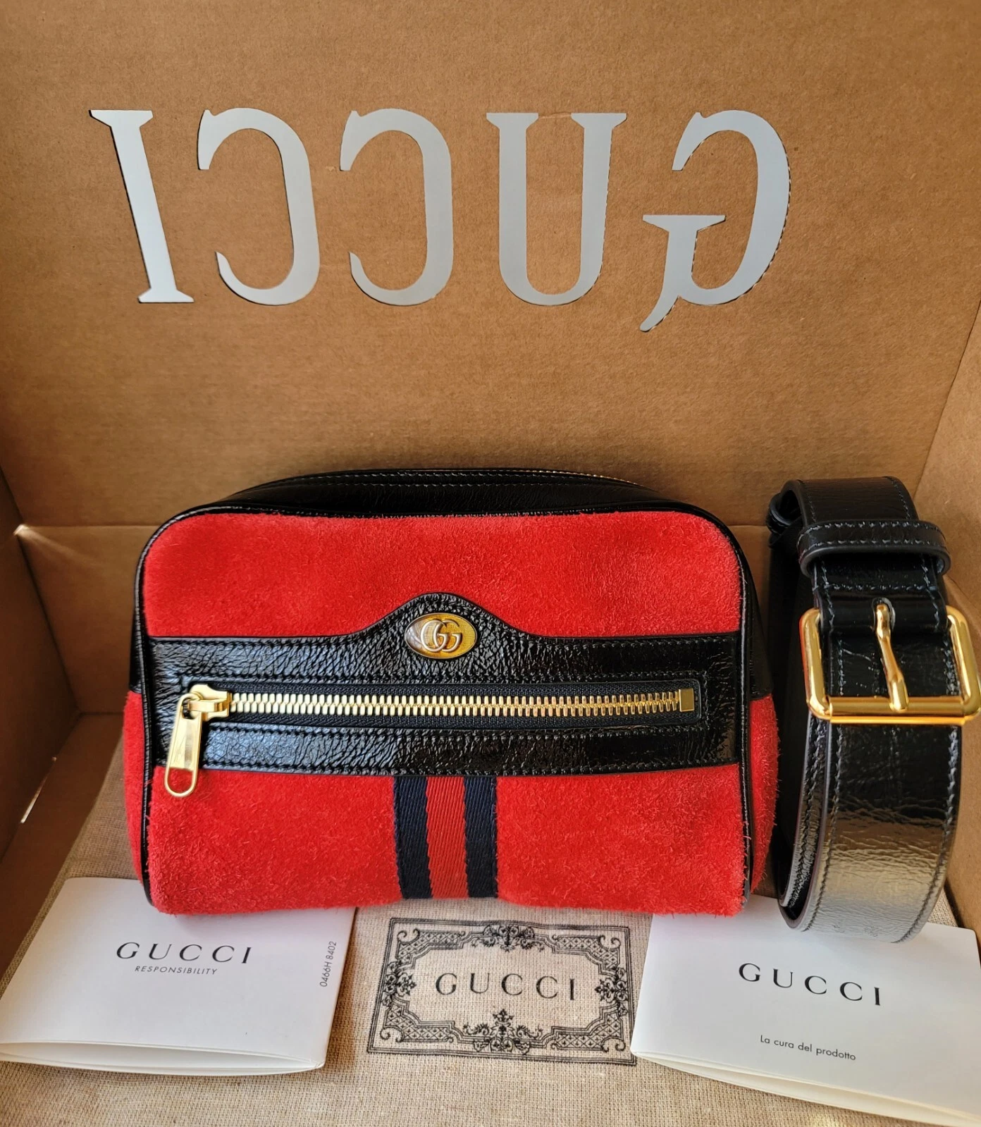 Sac taille ceinture Gucci Ophidia daim rouge cuir noir GG Web 85/34 neuf authentique 