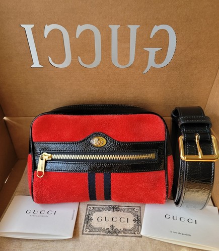 Gucci Ophidia Belt Waist Bag Red Suede Black Leather GG Web 85/34 New authentic 