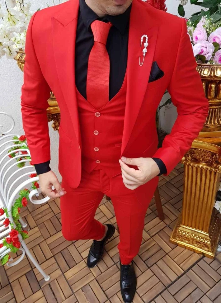 Men Wedding Suits 3 Piece Formal Fashion Red Slim Fit Groom Tuxedo Prom Suit