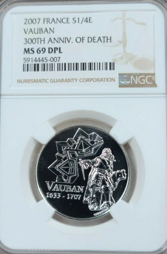 2007 FRANCE SILVER 1/4 EURO VAUBAN NGC MS 69 DPL BEAUTIFUL PROOF LIKE TOP POP 1