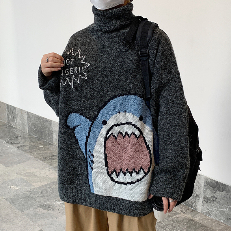 Mens Shark Sweater Winter Patchwork Harajuku Shark Turtleneck/Round Neck  Sweater | eBay