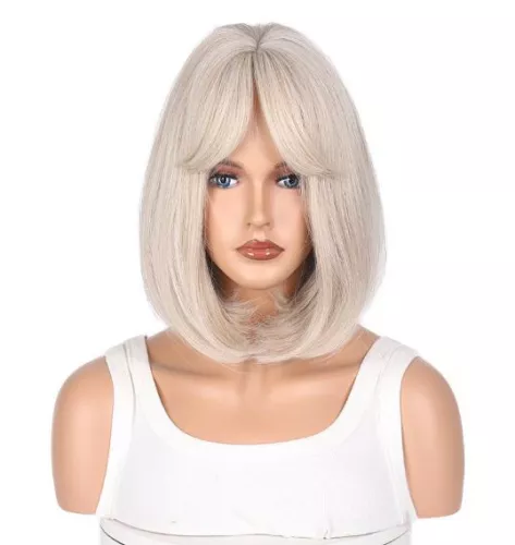 Women's Wig Short Straight hair Short Bangs Grey mix Blonde wig for Daily Use - Picture 3 of 6