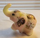 Fenton Burmese Satin Trunk Up Elephant Marilyn Wagner w/Flowers Butterflies Frit