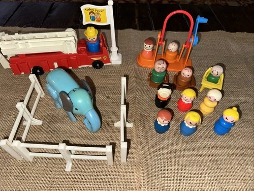 Vintage Fisher Price Little People Lot of 12 Figures & Fire Truck, Elephant