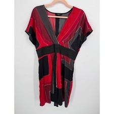Vintage Express Dress Women Large Red Black Geometric Silk Blend Empire Waist