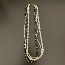 Faux Pearl White Gold-tone Blue Beads Beaded Women's Fashion Necklace NWOT