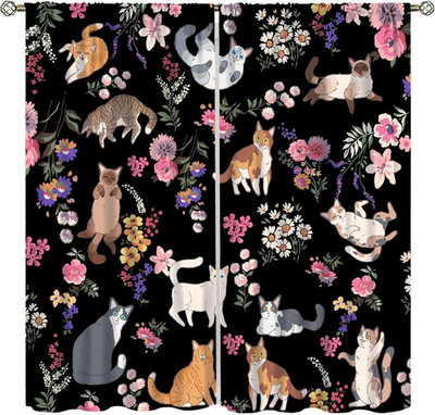 Cartoon Cat Girls Curtains,Natural Simple Watercolor Cute Pet Cat Animal Flower