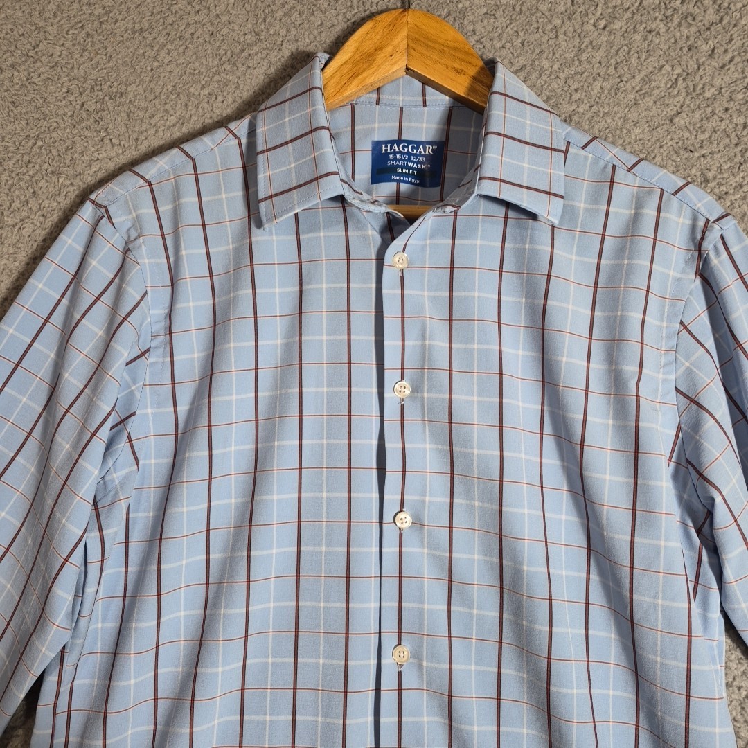 Haggar Smart Wash Slim Fit Shirt Men's 15-15 1/2 32/33 Blue Plaid Smart Wash  | eBay