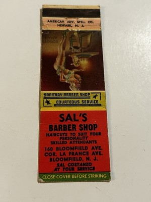 Bloomfield NJ New Jersey Sal's Barber Shop Vintage Girlie Matchbook Cover Pinup
