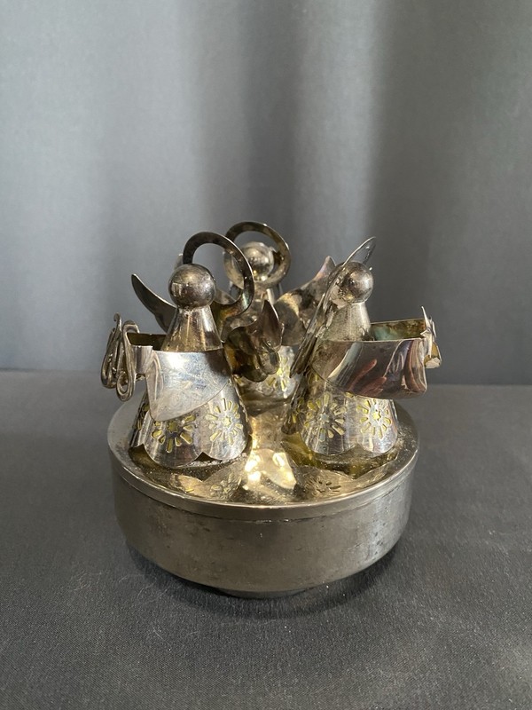 Vintage Silver Plate Angels Music Box Plays Silent Night Rotating Christmas