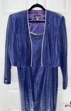 Onyx Nite Women 18 Navy Metallic Long Lined Dress W/Jacket Gown Sparkle