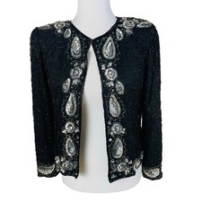 NEW Vintage Felicity Petite Black Silver Beaded Sequin Bolero Jacket Silk Sz PS