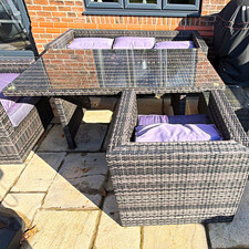 Brown Rattan Wicker Table & Chairs Set, Glass Top, Purple Cushions