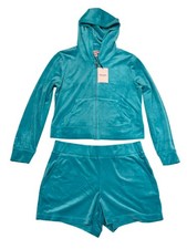NWT Juicy Couture Womens L Velour Hoodie Shorts Set Coastal Teal