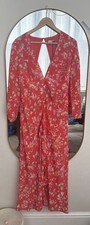 RIXO Red Floral Silk Chiffon Midi Dress V-Neck Open Back 3/4 Sleeve M