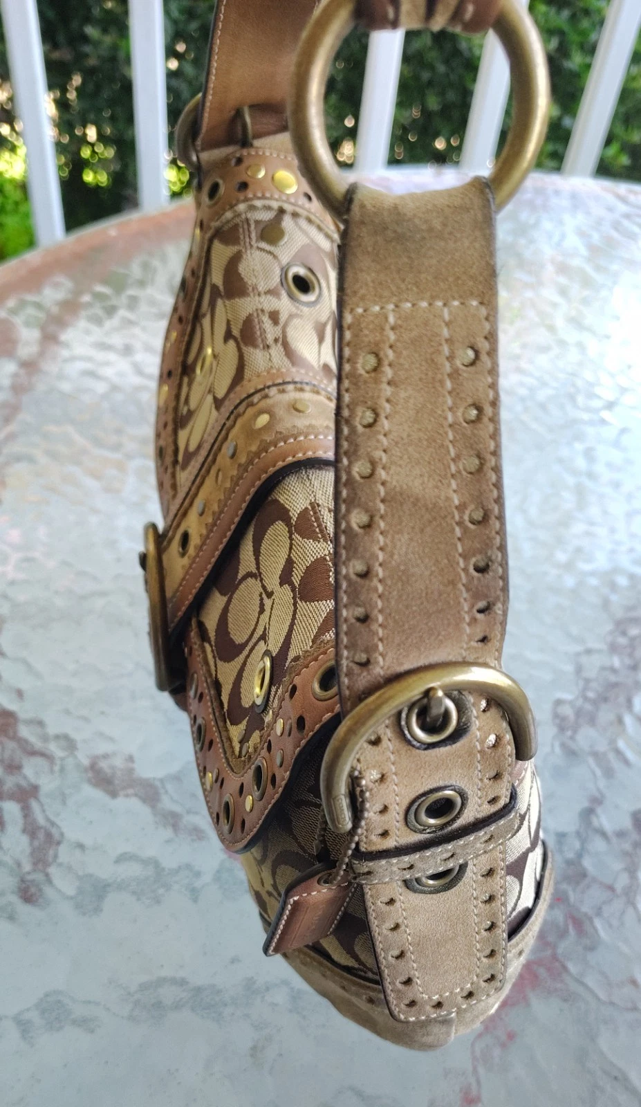 Borsa a tracolla Coach MEDIUM 9451 vintage Y2K Soho beige firma C tela rivetto