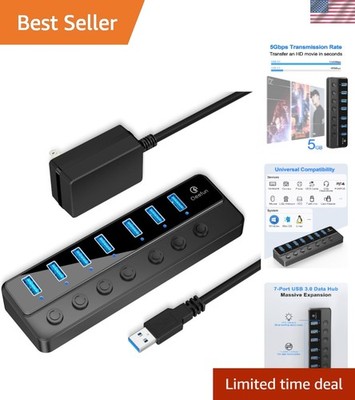 Advanced 7-Port USB 3.0 Hub with Individual Controls & 12V Adapter for Laptops