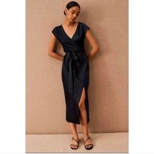 Anthropologie BHLDN Louisa Satin Charmeuse Black Front Tie Midi Dress Size 4
