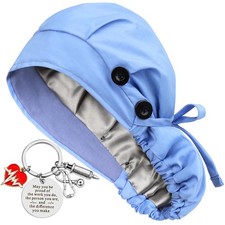 Ponytail Scrub Caps for Women Satin Lined Nurse Surgical Hats Ceil Blue