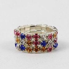 Multicolor 3 Row Rhinestone Stretch Ring Silver Tone Band Adjustable