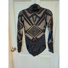 Balera MA Black Geometric Mesh Bodysuit Dance Costume Long Sleeve Mock Neck