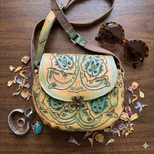 Vintage 1970s Tooled Leather Floral Crossbody Bag Hand Painted Rose Boho Purse