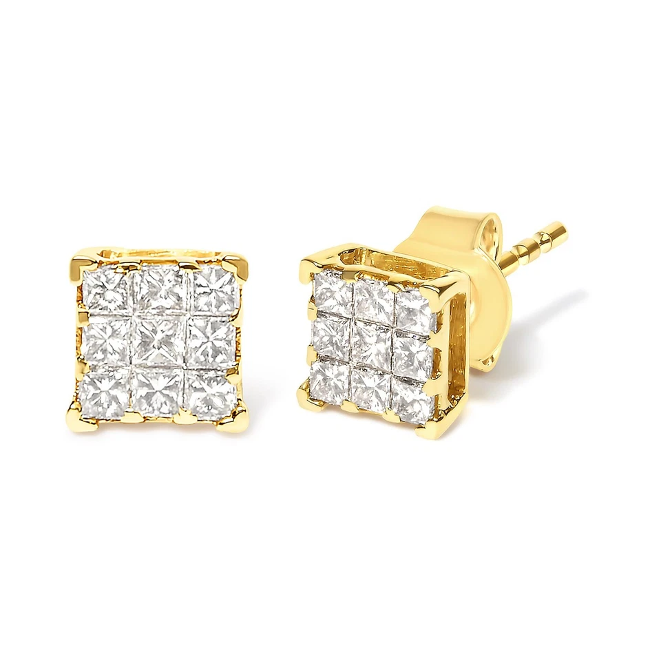 14K Yellow Gold 1/2 Cttw Invisible Set Princess Diamond 9 Stone Square Earrings - Image 2 of 4