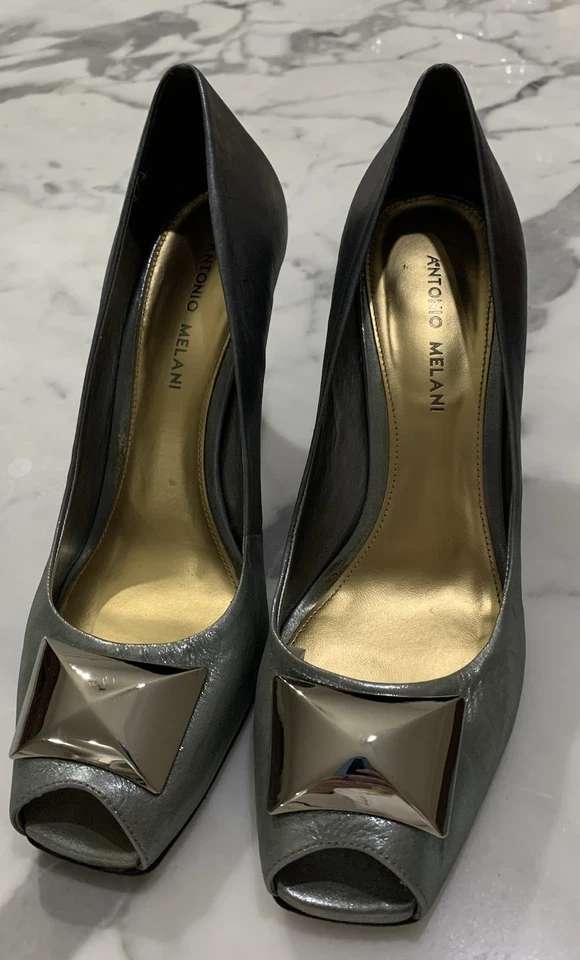 Antonio Melani Metálico Ombré Negro - Gris Cuero Peep Toe Tacones Zapatos de Vestir 9M Foto 4 de 4